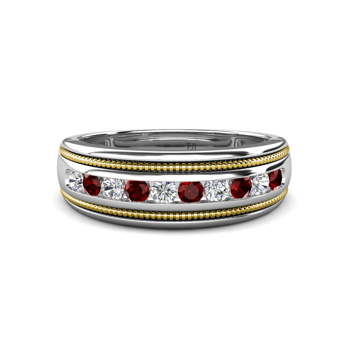 Zaid 0.57 ctw Round Lab Grown Diamond and Red Garnet Two Toned and High Polished Edges Men Wedding Band (8 mm) 